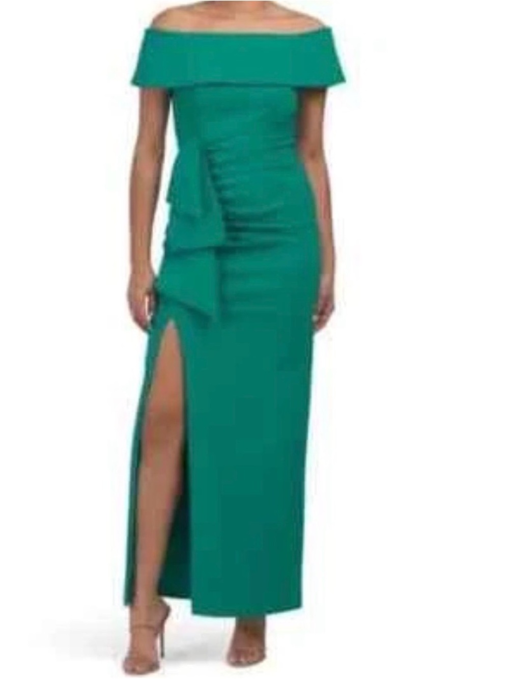 NWT $249 XSCAPE dress Off The Shoulder Drape Gown With Front Slit Green 6